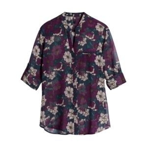 Kut from the Kloth floral Shiffon Semi Sheer Roll Tab Button Down Boho Blouse M